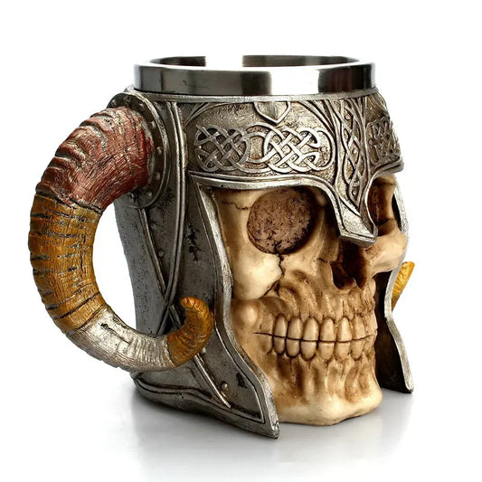 UPORS Viking Skull Mug – 304 Stainless Steel Ram's Horn Tankard