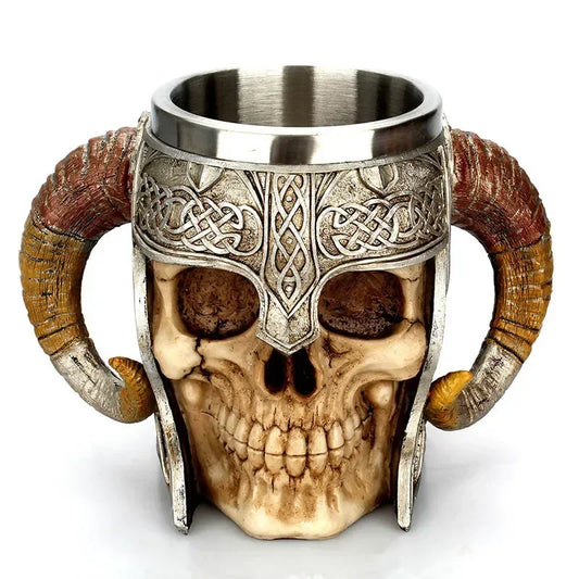 UPORS Viking Skull Mug – 304 Stainless Steel Ram's Horn Tankard
