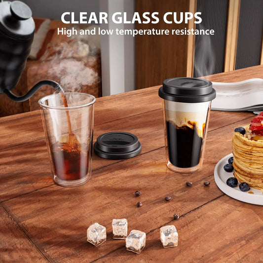 Reusable 350ml Glass Coffee Cup with Silicone Lids