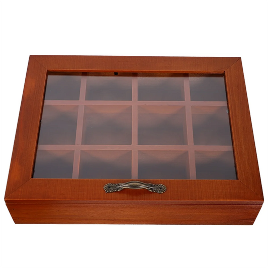 12-Grid Wooden Tea Bag Holder with Clear Lid