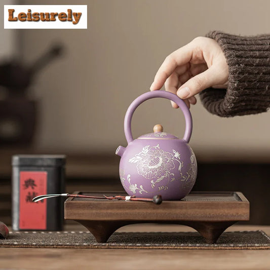 250ML Purple Ru Porcelain Gild Silver Peony Teapot