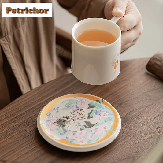 285ml White Porcelain Cute Cat Coffee Mug with Plate